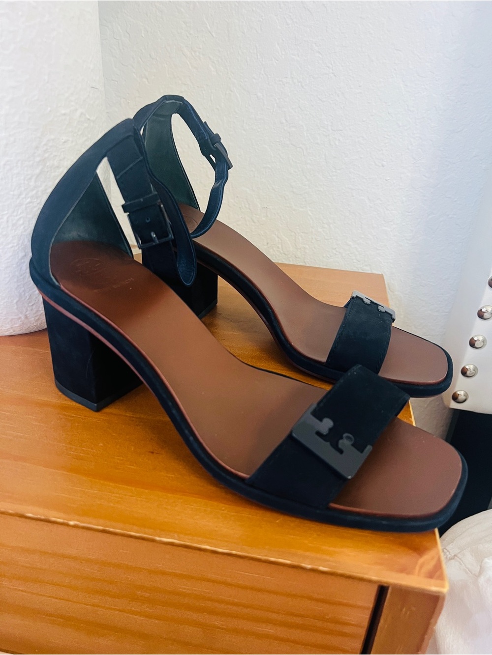 Tory Burch dark navy blue Block Heel Sandals with Ankle Strap